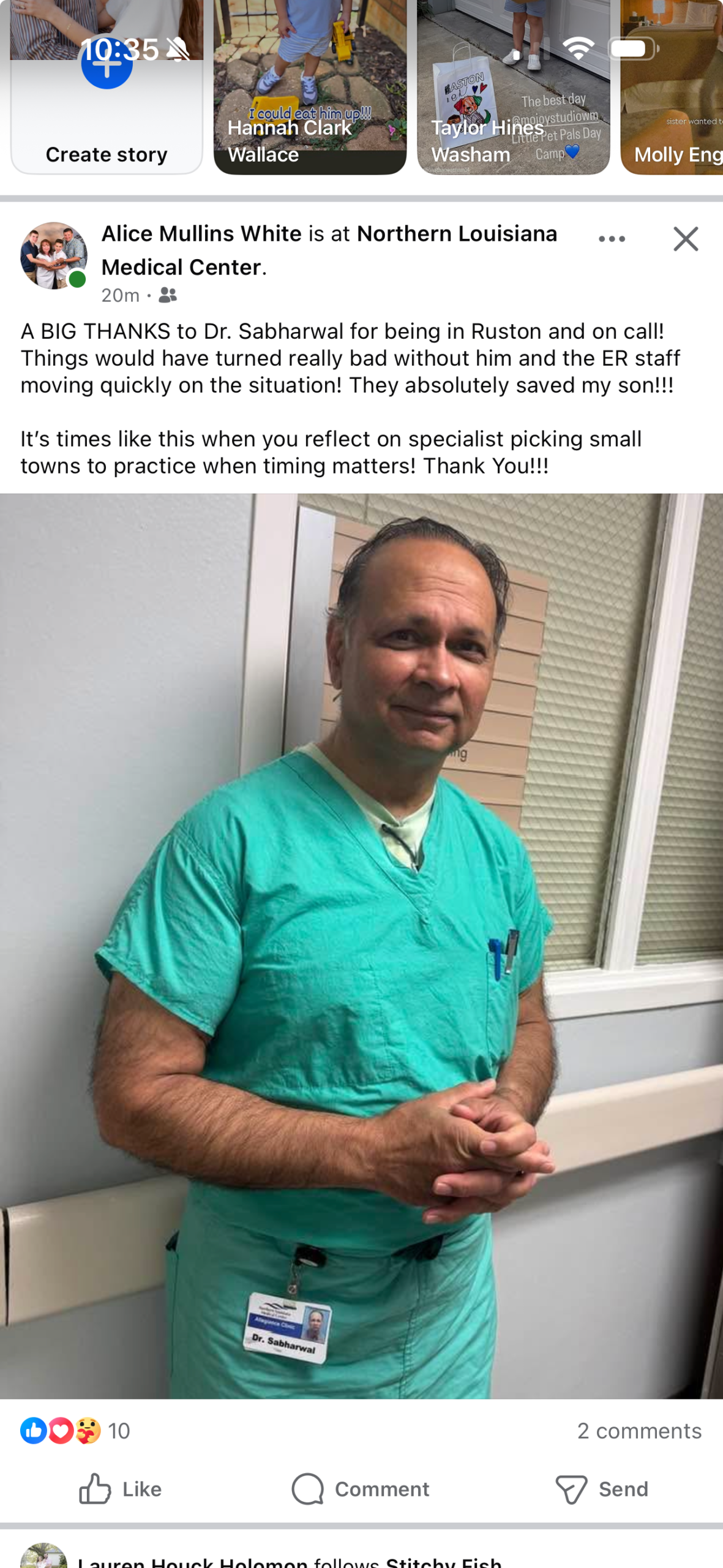 Community post thanking Dr. Sarat Sabharwal for urgent medical care